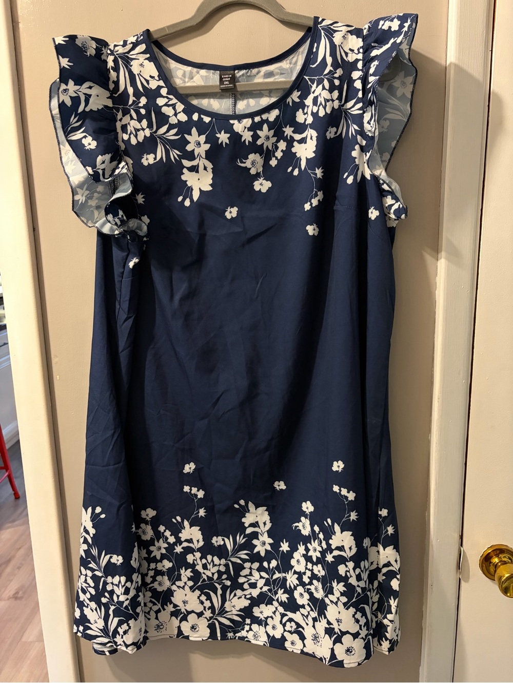 Navy Blue Floral Ruffle-Sleeve Dress